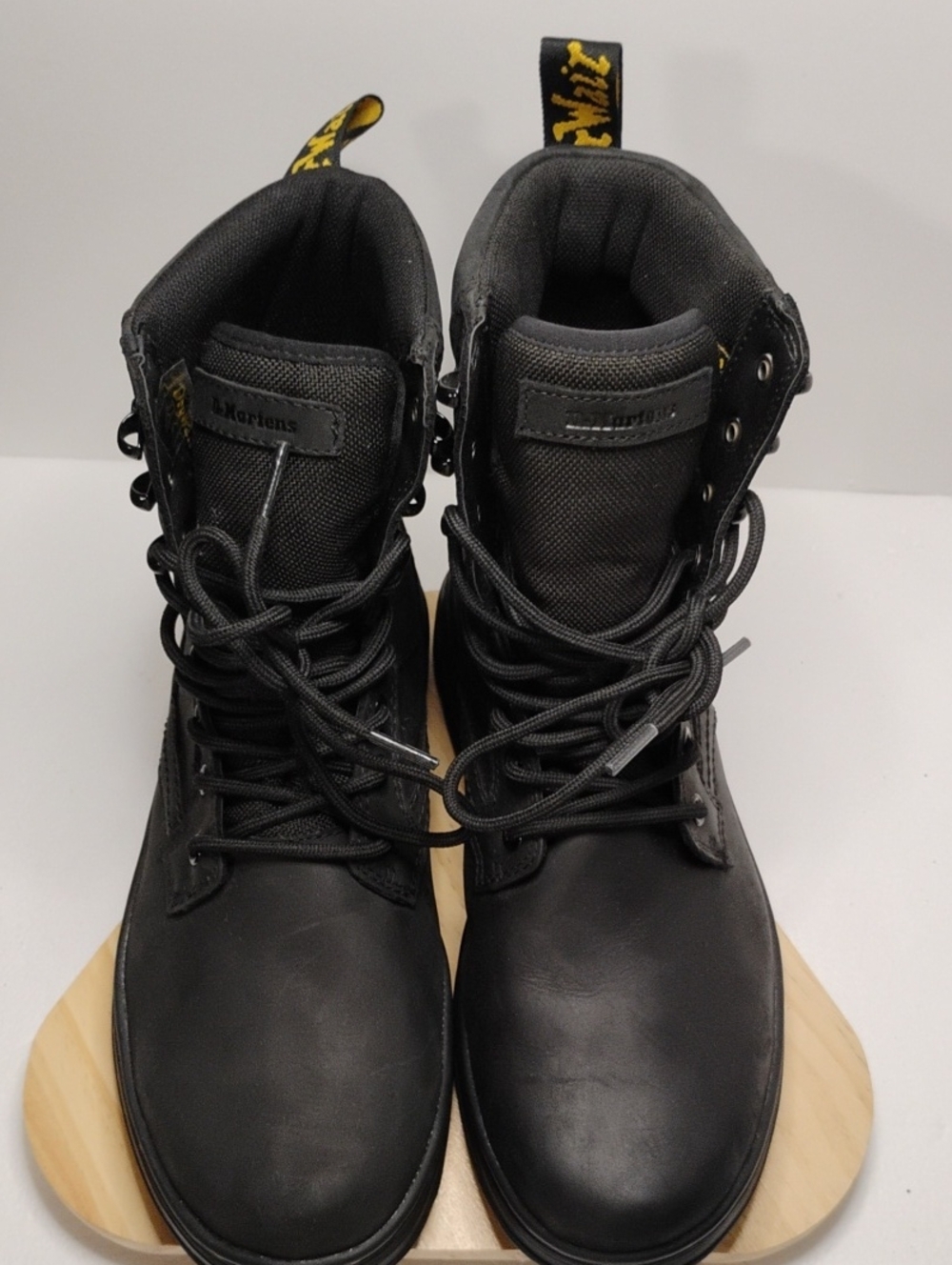 Dr. Martens Men's Black Lace-Up Leather Combat Boots with Yellow Heel Loop